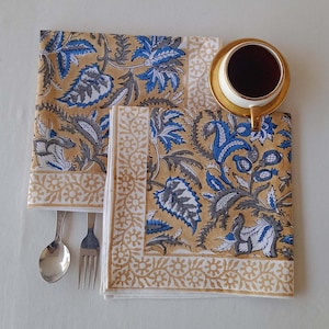 Yellow & Purple Indian Floral Hand Block Printed Cotton Cloth Napkins Size 18x18&quot; Set of 4,6,12,24,48 Wedding Gifts