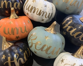 Può includere: Una collezione di zucche decorative in vari colori, tra cui arancione, nero, bianco e verde acqua. Ogni zucca presenta un gambo dorato ed è adornata con un nome in oro e piccoli dettagli a stella. Ideale per l'arredamento autunnale.