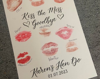 Personalised Kiss the Miss Goodbye | Bridal Shower | Hen Do Keepsake | Handwritten Hen Party Lipstick Game | Bachelorette Weekend Memories