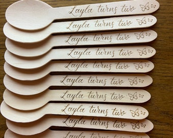 Personalised Wooden Dessert Spoons | Party and Wedding Favours | Handwritten Calligraphy Laser Engraved