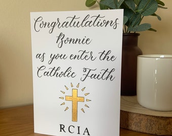 Personalised Congratulations as you enter the Catholic Faith Card | RCIA | Holy Communion | Baptism Day | Confirmation Day | Metallic Cross