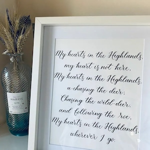 My Heart's In The Highlands Handwritten Piece | Robert Burns Quote | Scottish Poetry | Calligraphy Writing Wall Art | Scotland Traditions