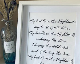 My Heart's In The Highlands Handwritten Piece | Robert Burns Quote | Scottish Poetry | Calligraphy Writing Wall Art | Scotland Traditions