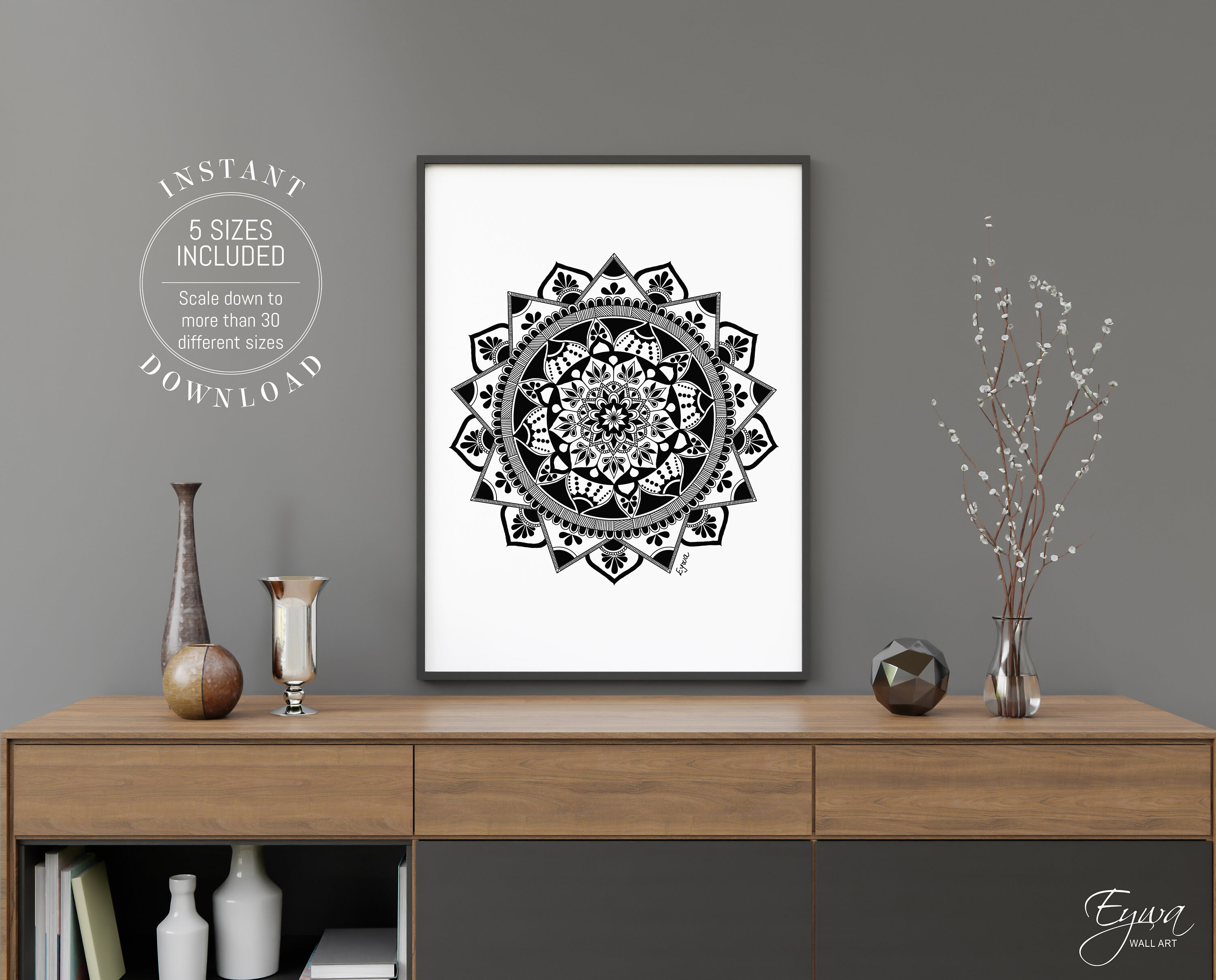 Printable Mandala Wall Art Zen Wall Art Black Sacred Geometry Hand