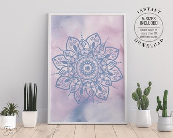Pastel Blue Watercolor Mandala Art Print: Zen Office Decor (Digital Download)