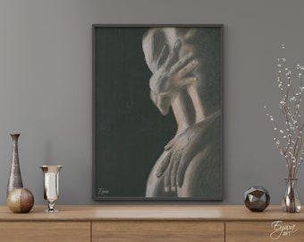 Puede incluir: Un dibujo en blanco y negro de dos figuras abrazándose. El dibujo está enmarcado en un marco negro y está colgado en una pared gris.
