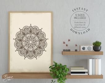 Beige Mandala Print: Rustic Zen Wall Art (Digital Download)