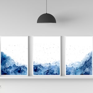 Set of 3 Blue Watercolor Abstract Wall Art, Blue White Abstract Poster, Modern 3 Piece Art, Printable Home Wall Decor, Digital Download