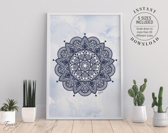 Blue Mandala Watercolor Art Print: Sacred Geometry Decor (Digital Download)