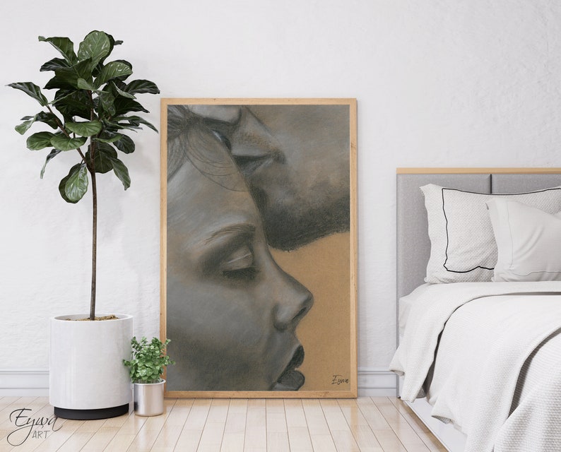 Couples Soul Kiss Artwork, Sensual Wall Art, Twin Flame Drawing