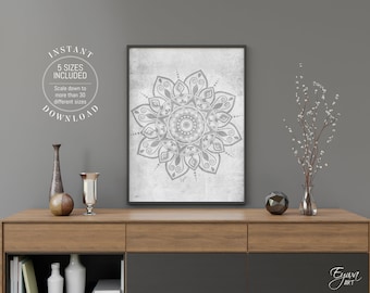 Póster de mandala gris: arte mural bohemio zen (descarga digital)