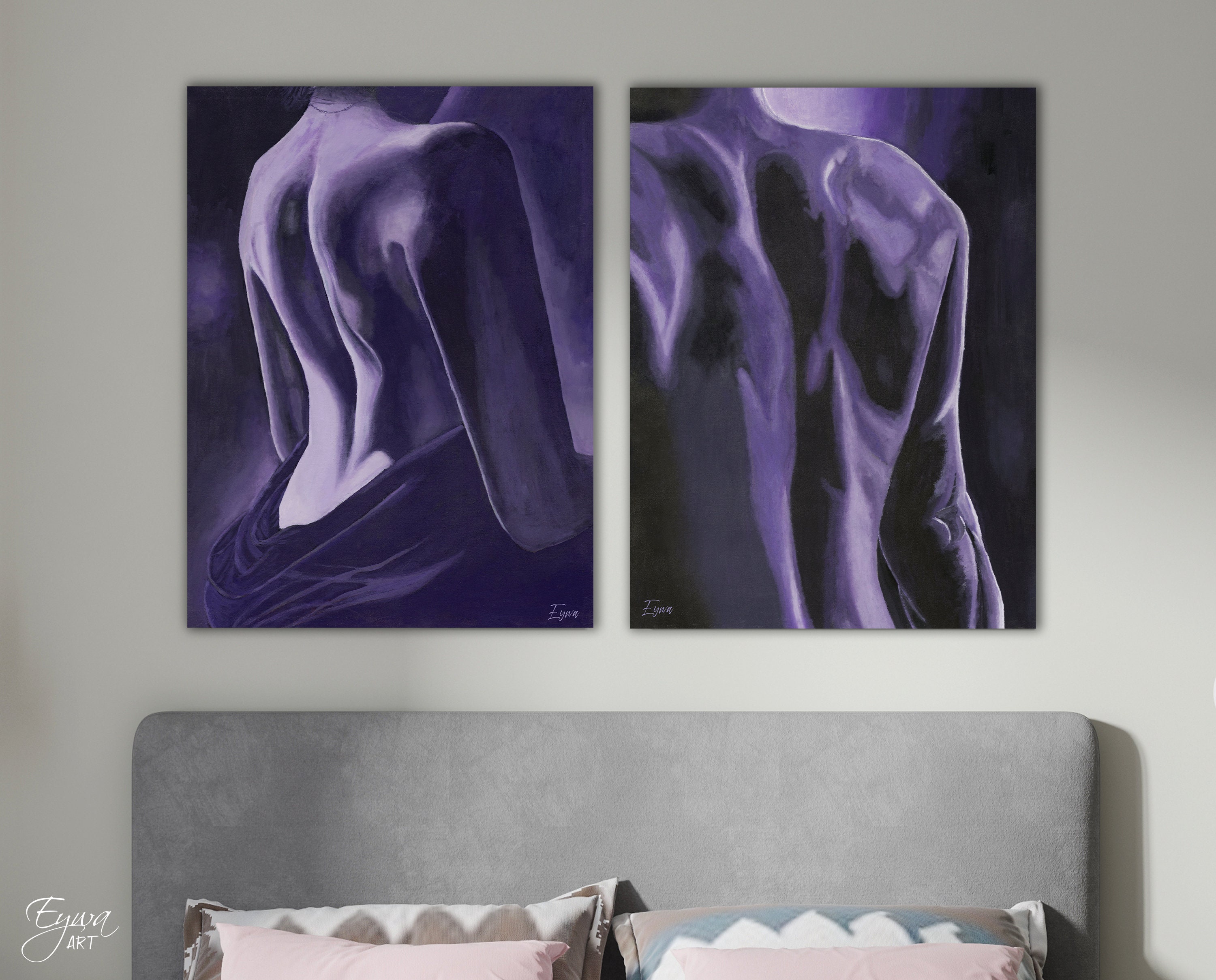 Sensual Diptych Wall Art, Woman and Male Back Painting, Set of 2