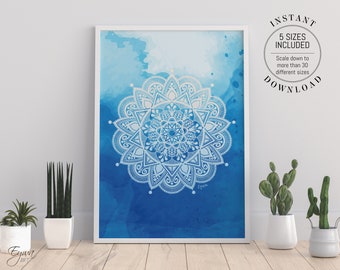 Blue Mandala Watercolor Print: Zen Wall Art (Digital Download)