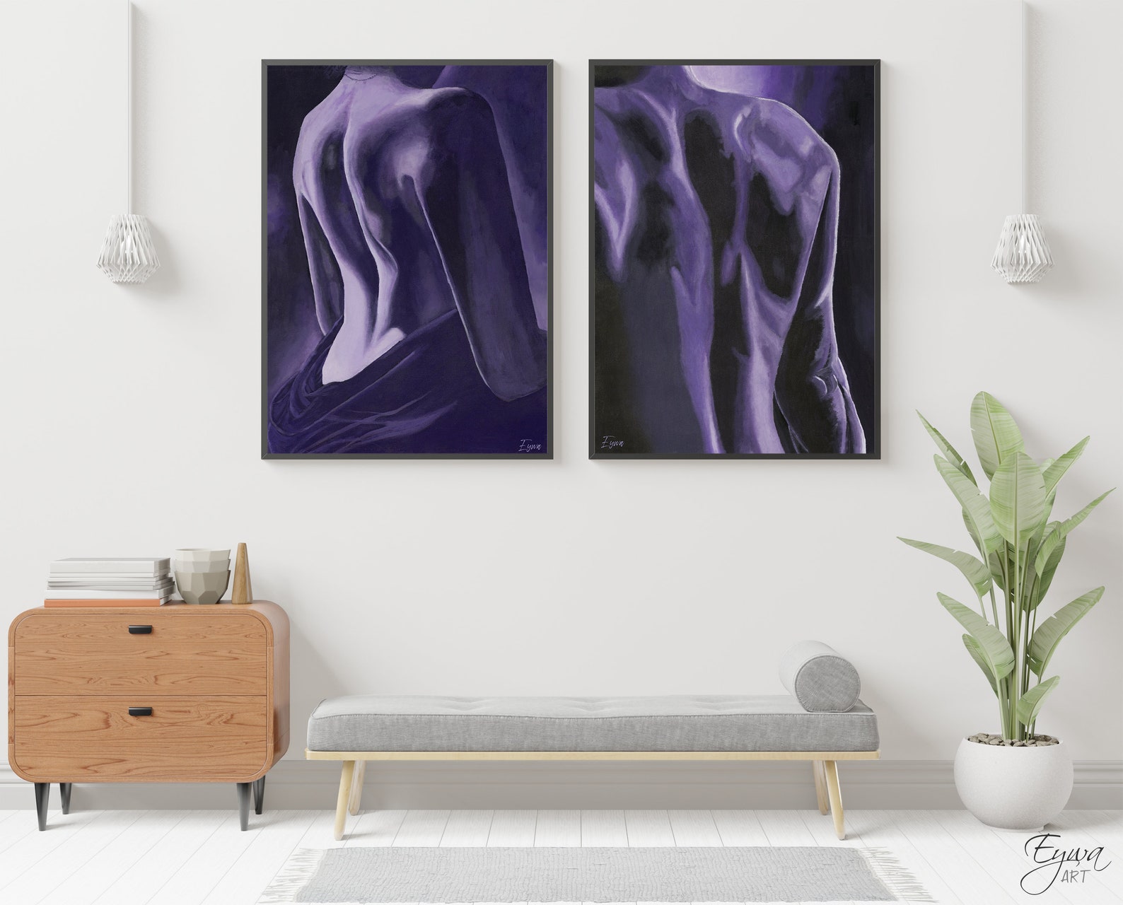 Sensual Diptych Wall Art, Woman and Male Back Painting, Set of 2