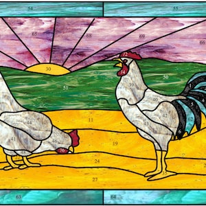 May include: A stained glass window design featuring a rooster and a hen in a field with a sunrise in the background. The design is numbered for a stained glass project.