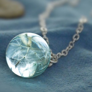 Dried Dandelion Flower Seed Necklace, Encapsulated Natural Seed in Clear or Aqua Spherical Resin Pendants, Silver & Bronze Color Chain