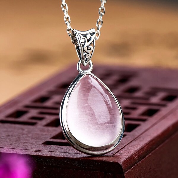 Rose Quartz Droplet Shape Pendant and Chain Set in 925 Sterling Silver, Large Bale with Swirl Design, Natural Polished Stone Ladies Necklace