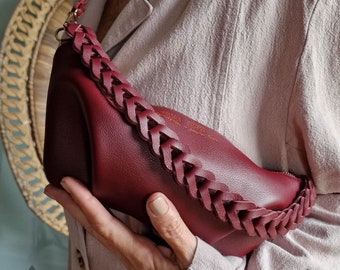 Bolso baguette suave de piel de becerro española con cremallera, cadena trenzada de cuero, correa de hombro ajustable y extraíble, bandolera tipo bandolera, bolsa de viaje