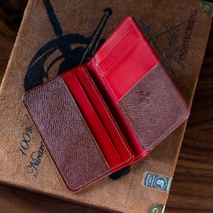 Cartera de cuero organizador de bolsillo hecha a mano a pedido, cartera compacta marrón roja, organizador de bolso delgado de grano completo, cartera plegable vertical