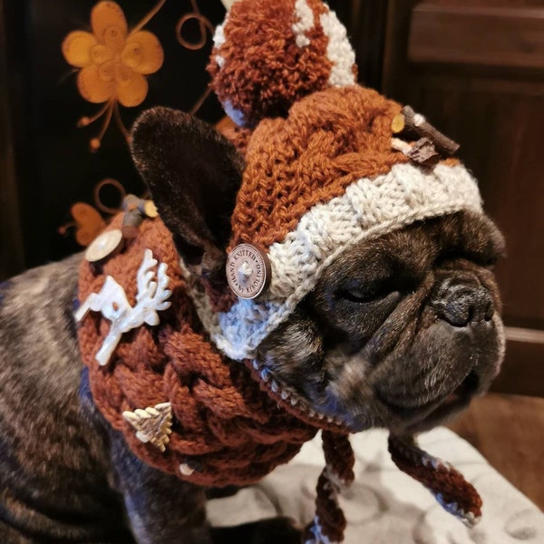 Set (2-piece) hat and scarf hand-knitted Bavarian traditional look made of traditional wool for medium-sized dogs/French bulldog/pug