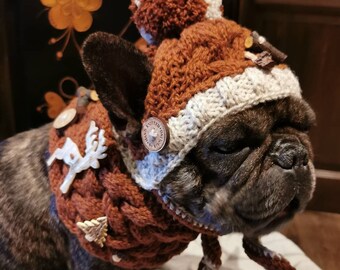 Set (2-teilig) Mütze und Schal handgestrickt bayrischer Trachtenlook aus Trachtenwolle für mittelgroße Hunde/französische Bulldogge/Mops