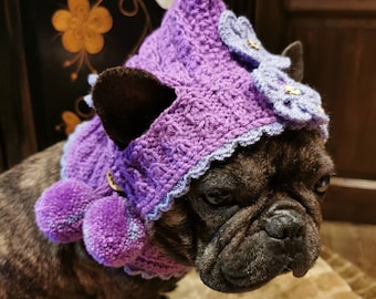 Pixie hat pink/lilac with small bobbles, crochet flowers hand-knitted for medium sized dogs/French bulldog/pug etc.