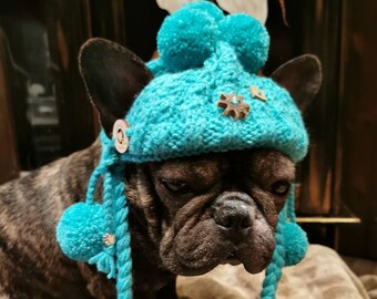 Bobble cap turquoise hand-knitted cuddly wool with bobbles/paw beads for medium-sized dogs/French bulldog/pug/Boston Terrier