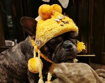 Bobble cap yellow wool hand-knitted Cuddly wool with pompoms/paw beads medium sized dogs/French bulldog/pug/Boston Terrier