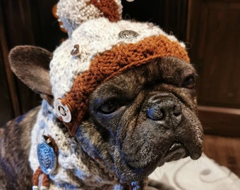 Set (2-piece) cap and scarf hand-knitted Bavarian costume look in a set 2-piece for medium-sized dogs/French bulldog/pug