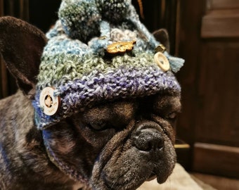 Knitted hat/dog hat cuddly wool with pompoms/paw beads/wooden buttons for medium-sized dogs/French bulldog/pug/Boston terrier
