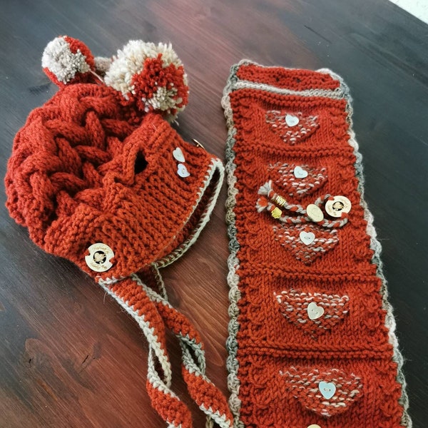 Dog hat/button scarf set (2 pieces) hand-knitted cuddly wool with bobbles/wooden buttons for medium-sized dogs/French bulldog/pug