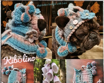 Pixie hat/scarf hat with small bobbles, crochet flowers hand knitted for medium sized dogs/French bulldog/pug etc.