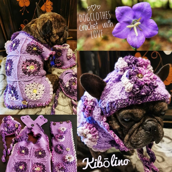 Vest, Loop, Hat Crocheted Dahlia Patches Dog Clothes Handmade French Bulldog, Pug, Boston Terrier, Puppies, Medium Dogs