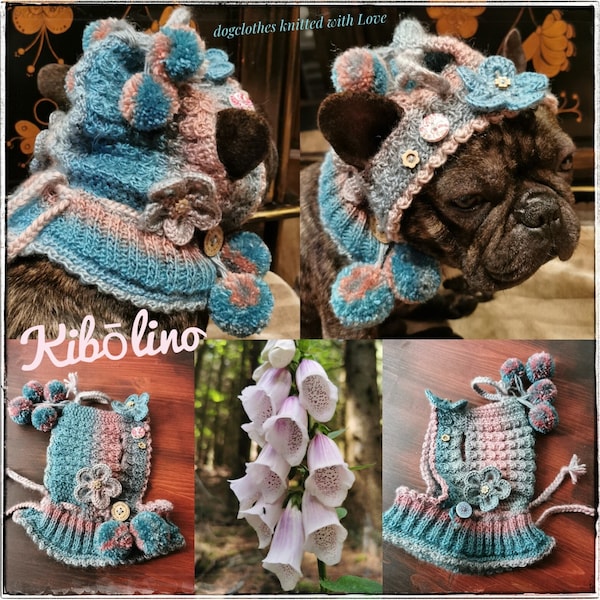 Pixie hat/scarf hat with small bobbles, crochet flowers hand knitted for medium sized dogs/French bulldog/pug etc.