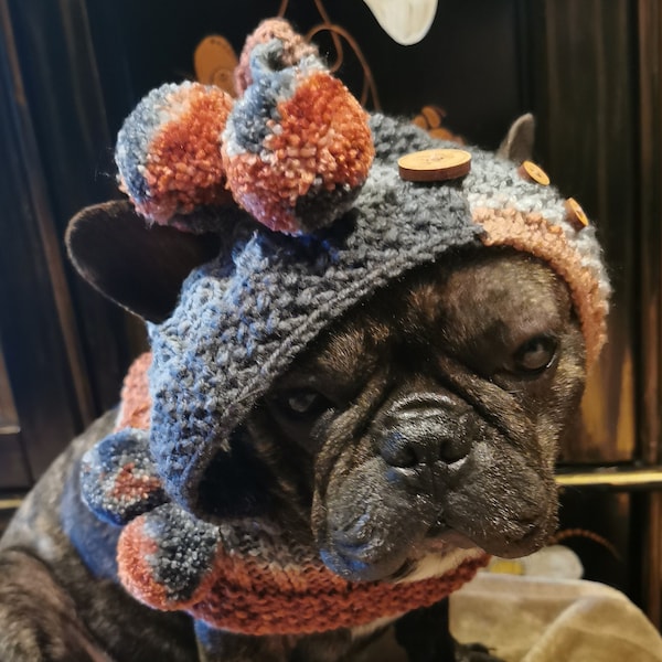 Pixie hat with bobbles and wooden buttons hand-knitted from cuddly wool for medium-sized dogs/French bulldogs/pugs etc.