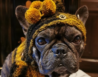 Pixie hat/scarf hat cozy wool with bobbles, cords, charms hand-knitted for medium sized dogs/French bulldog/pug etc.