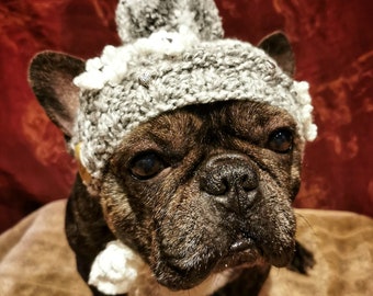 Knitted hat/dog hat knitted with pompom and crocheted snowflakes for medium sized dogs/French Bulldog/Pug/Boston Terrier