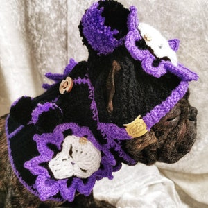 May include: A black and purple crocheted dog costume with a skull design. The costume has a hat with a purple pom-pom and a tag that says "Handmade with Love".