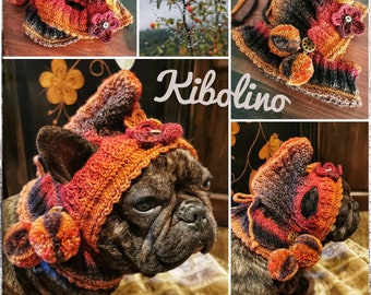 Pixie hat gradient autumn colors with small bobbles, crochet flowers hand knitted for medium sized dogs/French bulldog/pug etc.