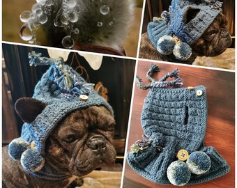 Pixie hat/scarf hat with bobbles and cords, puzzle buttons hand-knitted for medium sized dogs/French bulldog/pug etc.