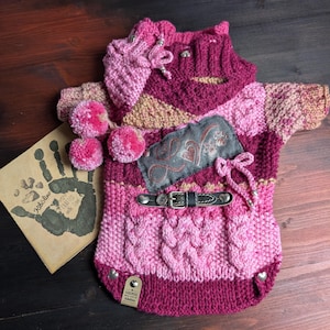 Könnte beinhalten: Rosa gestrickter Hundepullover mit einem schwarzen Gürtel, Bommeln und einem Patch mit der Aufschrift "Love".