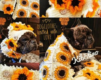 Set of 3 pieces (vest, loop, hat) crocheted sunflower dog clothes handmade French bulldog, pug, puppy, medium sized dogs