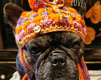 Knitted hat/dog hat multicolored with bobble bubble pattern for medium sized dogs/French Bulldog/Pug/Boston Terrier