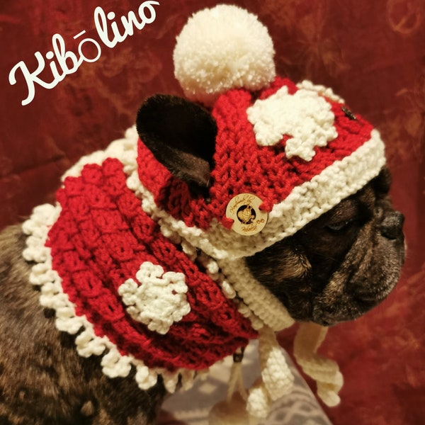Set (2 pieces) hat and scarf hand knitted crocheted Christmas cuddly wool clothing for medium sized dogs/French bulldog/pug