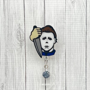 Michael Myers Badge Reel - Halloween Nurse Name Tag Holder - Spooky Halloween Badge Accessory
