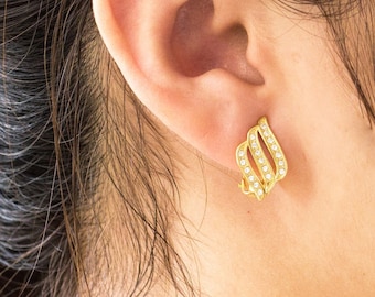 Gold Plated Triple Row Clip On Earrings (Pair) Created with Zircondia® Crystals by Philip Jones