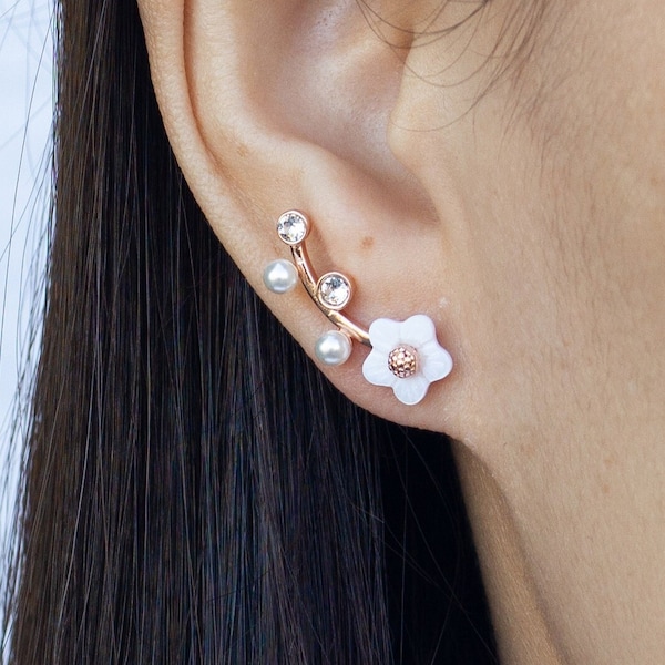 Rose Gold Plated Daisy Climber Earrings (Pair) Created with Zircondia® Crystals by Philip Jones