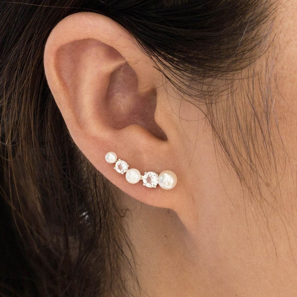 White Pearl Climber Earrings (Pair) Created with Zircondia® Crystals by Philip Jones