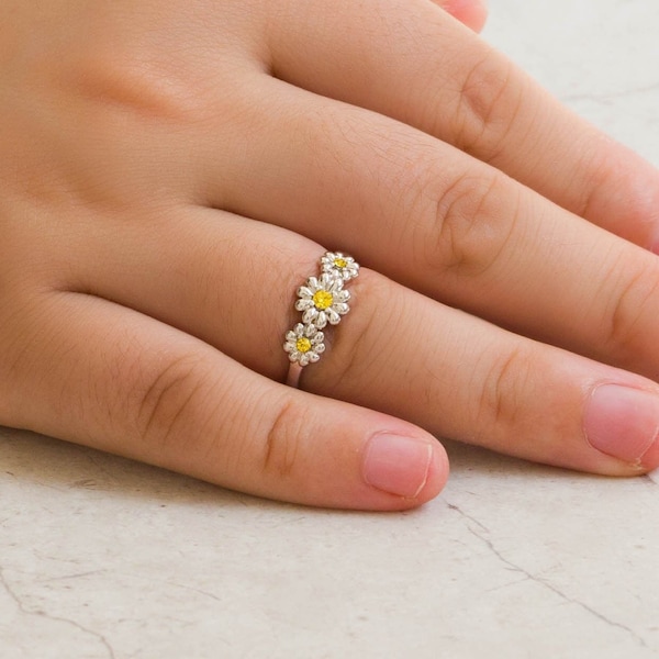 Adjustable Triple Crystal Daisy Ring Created with Zircondia® Crystals by Philip Jones