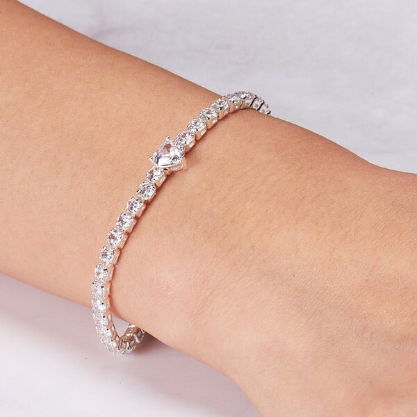 Heart Solitaire Tennis Bracelet Created with Zircondia® Crystals by Philip Jones